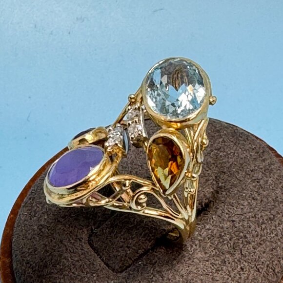 14k Yellow Gold Multi-Gemstone Handmade Statement Ring 2mm Width Size 5 - Picture 2 of 9